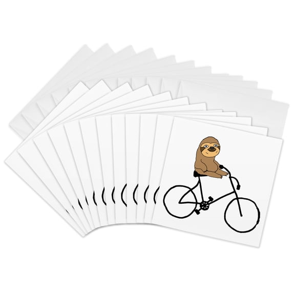 3drose, Funny Cute Sloth Riding Bicycle Cartoon, 12 Greeting Cards with Envelopes