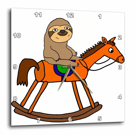 3drose, Funny Cute Sloth Riding Rocking Horse Cartoon, 13x13 Wall Clock
