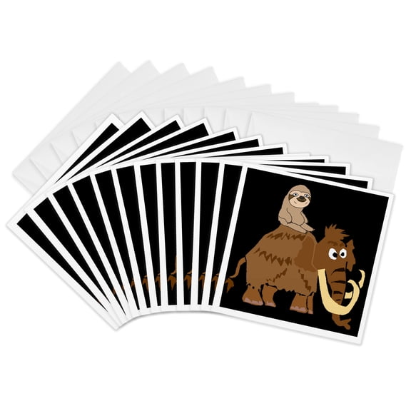 3drose, Funny Cute Sloth Riding Woolly Mammoth Prehistoric Cartoon, 12 Greeting Cards with Envelopes