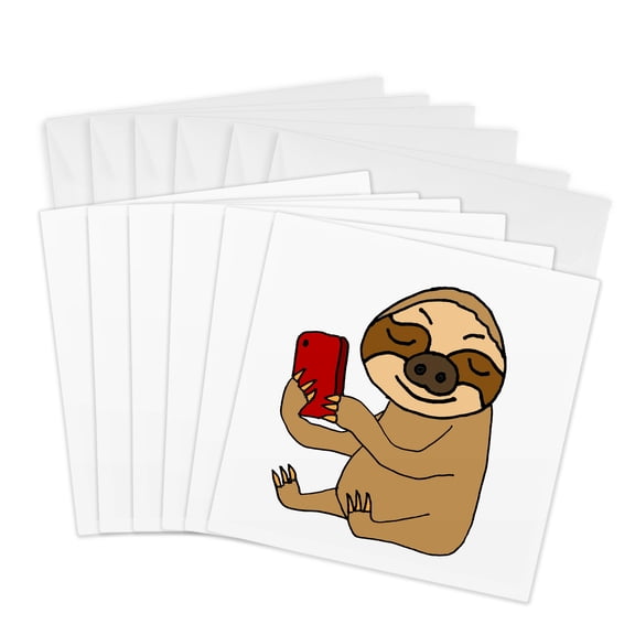 3drose, Funny Cute Sloth Taking Selfie Photo with Cell Phone Cartoon, 6 Greeting Cards with Envelopes