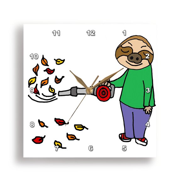 3drose, Funny Cute Sloth Using Leaf Blower Cartoon, 13x13 Wall Clock