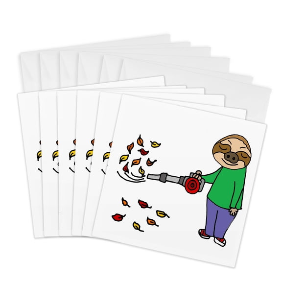 3drose, Funny Cute Sloth Using Leaf Blower Cartoon, 6 Greeting Cards with Envelopes