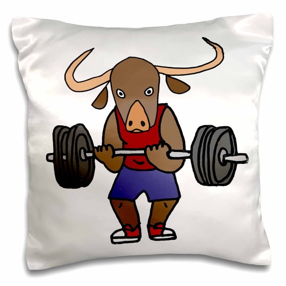 3drose, Funny Cute Strong Ox Bodybuilder Lifting Weights Cartoon, 16x16 inch Pillow Case