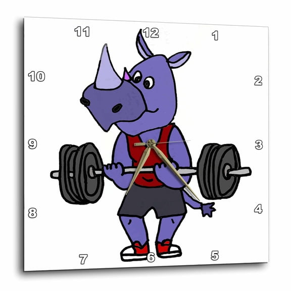3drose, Funny Cute Strong Rhino Bodybuilder Lifting Weights Cartoon, 13x13 Wall Clock