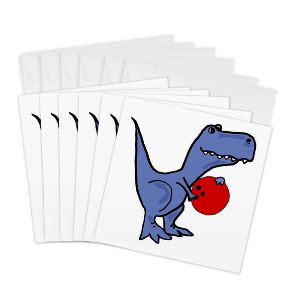 3drose, Funny Cute T-rex Dinosaur Bowling Cartoon, 6 Greeting Cards with Envelopes