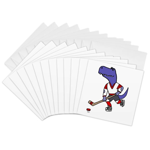 3drose, Funny Cute T-rex Dinosaur Playing Ice Hockey Sports Cartoon, 12 Greeting Cards with Envelopes