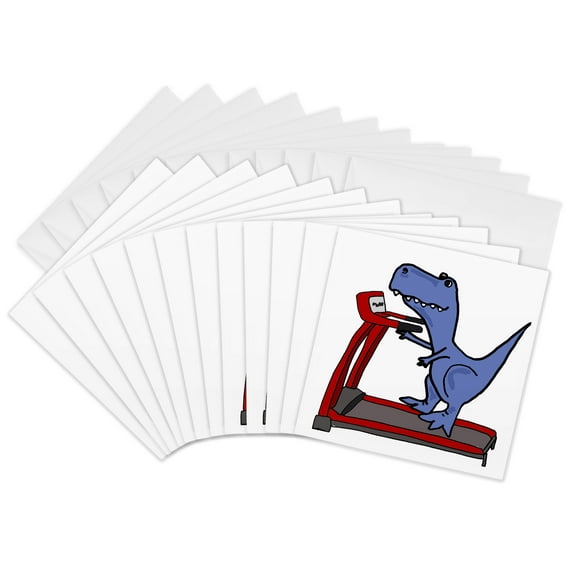 3drose, Funny Cute T-rex Dinosaur on Treadmill Exercise Cartoon, 12 Greeting Cards with Envelopes