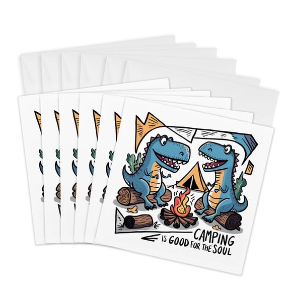 3drose, Funny Cute T-rex Dinosaurs Camping and Hiking Cartoon, 6 Greeting Cards with Envelopes