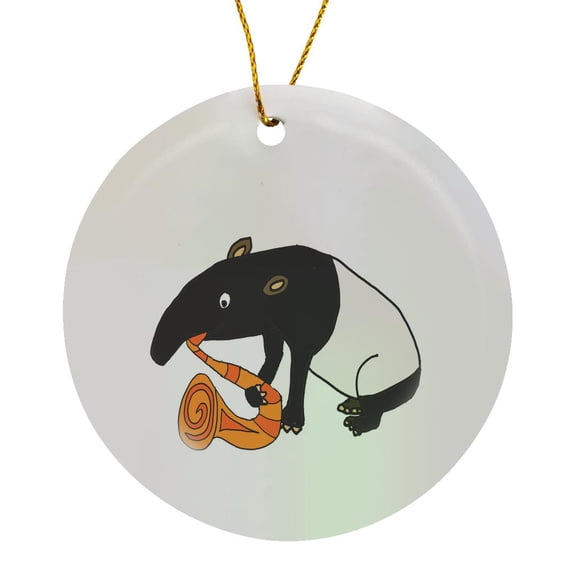 3drose, Funny Cute Tapir Playing Saxophone Cartoon, Circle Porcelain Ornament