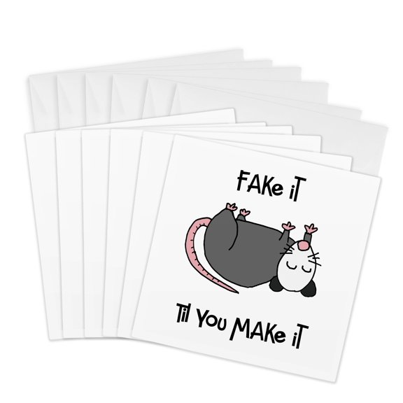 3drose, Funny Cute Upside down Possum Fake It Til You Make It Cartoon, 6 Greeting Cards with Envelopes