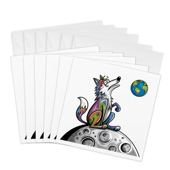 3drose, Funny Cute Wolf on Moon Confused When Howling at Earth Above, 6 Greeting Cards with Envelopes