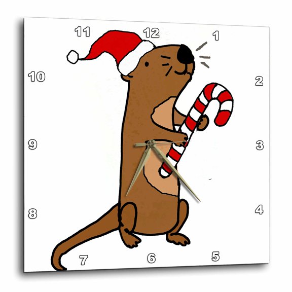3drose, Funny Delightful Sea Otter in Santa Hat Christmas Cartoon, 10x10 Wall Clock