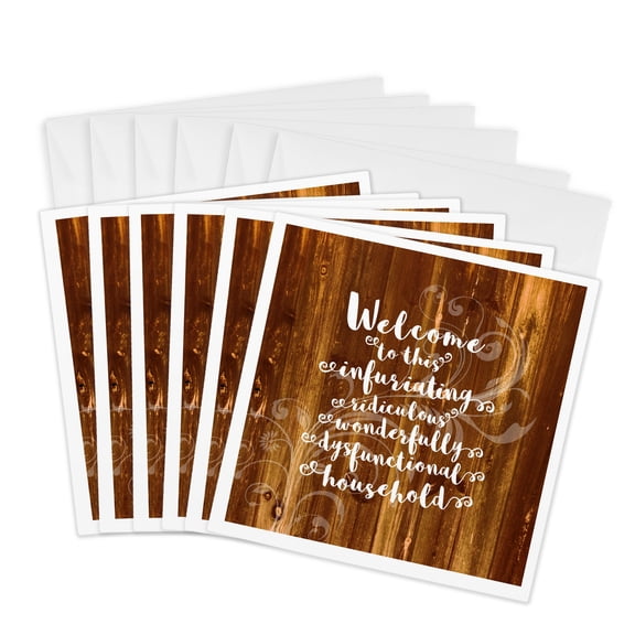 3drose, Funny Dysfunctional Household Welcome- Design over Wood Effect, 6 Greeting Cards with Envelopes