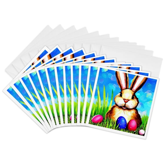 3drose, Funny Easter Bunny, Green Grass, Blue Sky, Painted Eggs Gift for You, 12 Greeting Cards with Envelopes