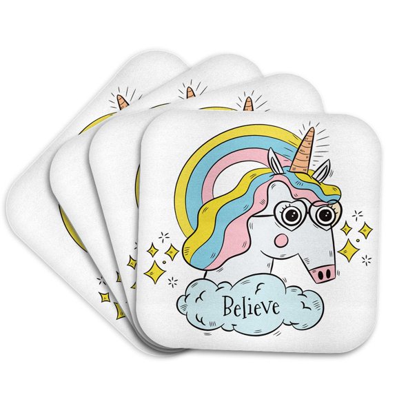 3drose, Funny Fantasy Unicorn with Sunglasses Believe, Set of 4 Coasters - Soft