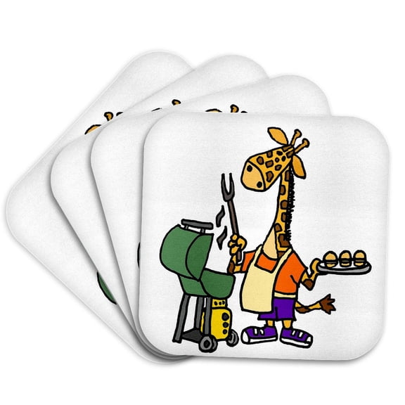 3drose, Funny Giraffe Grilling Hamburgers Cartoon, Set of 4 Coasters - Soft