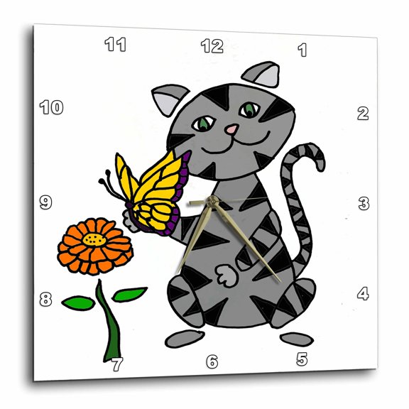 3drose, Funny Gray Tabby Cat with Butterfly and Flower Cartoon, 15x15 Wall Clock