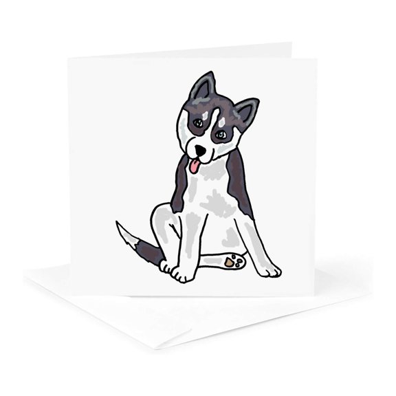 3drose, Funny Grey Siberian Husky Puppy Dog Cartoon, 1 Greeting Card with Envelope