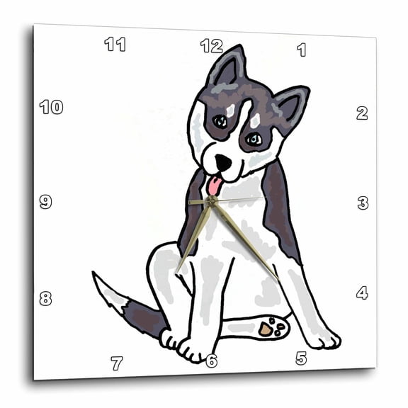3drose, Funny Grey Siberian Husky Puppy Dog Cartoon, 13x13 Wall Clock