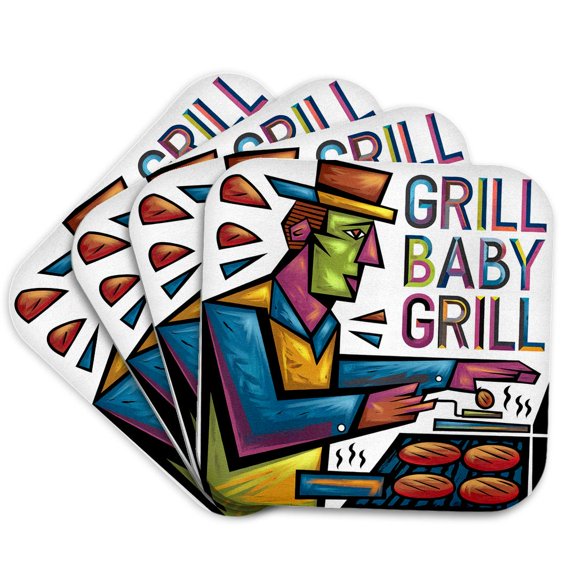 3drose, Funny Grill Baby Grill Pun for Grilling Master Hamburgers Abstract, Set of 4 Coasters - Cork