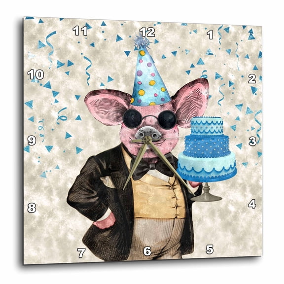 3drose, Funny Hipster Hog Pig Out Birthday with Cake and Party Hat, 15x15 Wall Clock