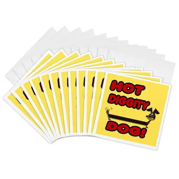 3drose, Funny Hot Diggity Dog Retro Style Cartoon Dashund Wiener Doggie Cartoon, 12 Greeting Cards with Envelopes