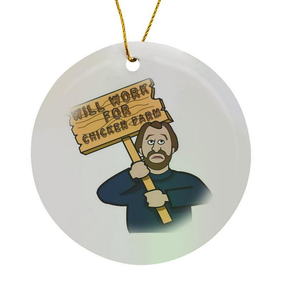 3drose, Funny Humorous Man Guy with a Sign Will Work for Chicken Parm, Circle Porcelain Ornament