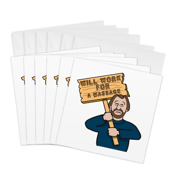3drose, Funny Humorous Man Guy with a Sign Will Work for a Massage, 6 Greeting Cards with Envelopes