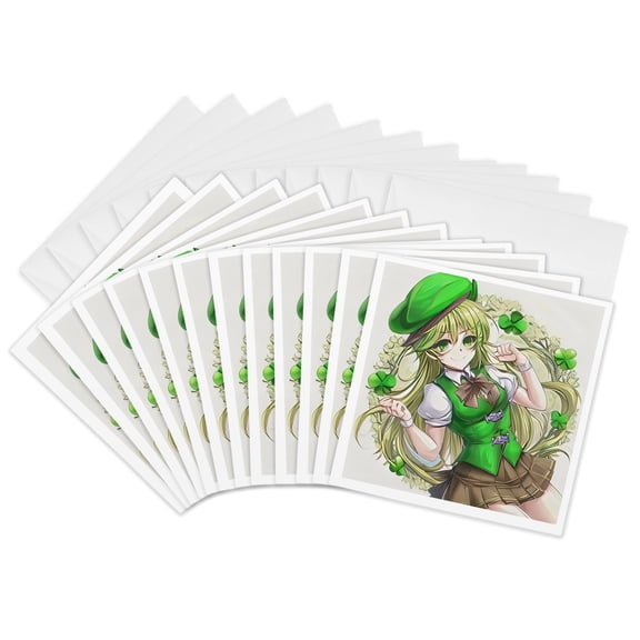 3drose, Funny Irish Girl Elf. the Goddess of Good Luck. Four Leaf Clover Gift, 12 Greeting Cards with Envelopes