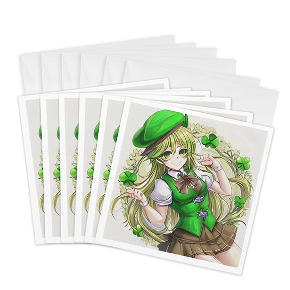 3drose, Funny Irish Girl Elf. the Goddess of Good Luck. Four Leaf Clover Gift, 6 Greeting Cards with Envelopes