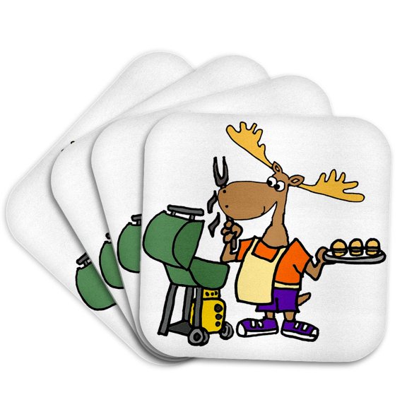 3drose, Funny Moose Grilling Hamburgers Cartoon, Set of 4 Coasters - Soft