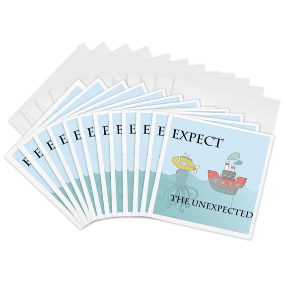 3drose, Funny Octopus Pushing Sub up Out of Water Expect Unexpected, 12 Greeting Cards with Envelopes