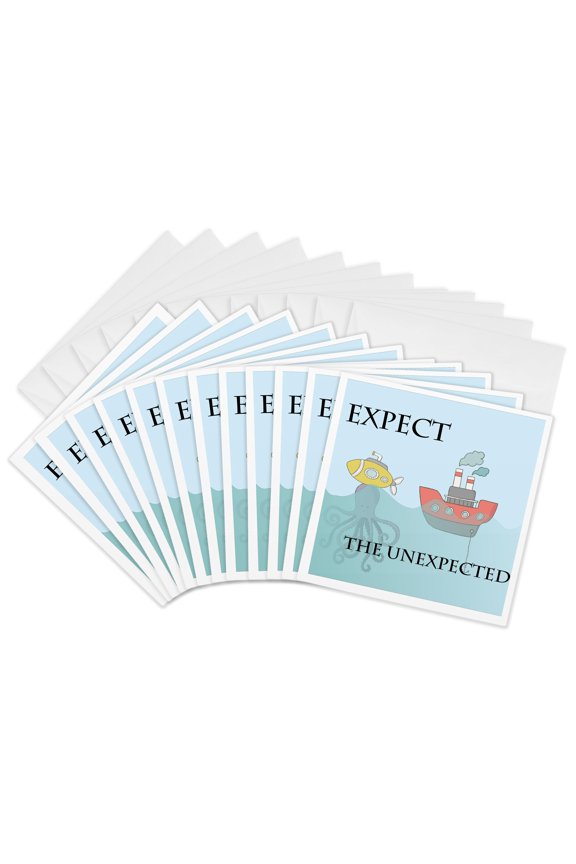 , Funny Octopus Pushing Sub up Out of Water Expect Unexpected, 12 Greeting Cards with Envelopes