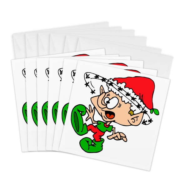 3drose, Funny Overwhelmed Christmas Elf Holiday Humor, 6 Greeting Cards with Envelopes