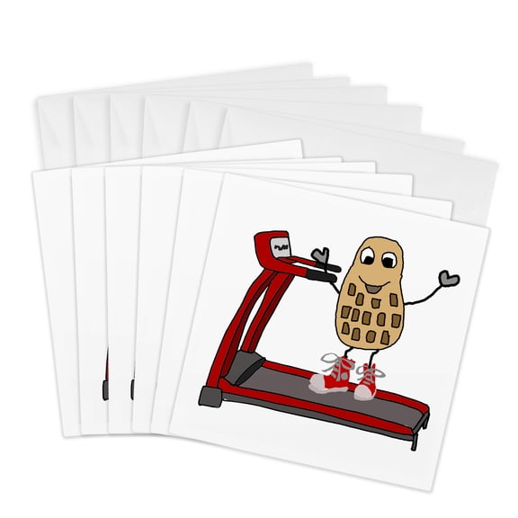 3drose, Funny Peanut Running on Treadmill Exercise Nut Cartoon, 6 Greeting Cards with Envelopes