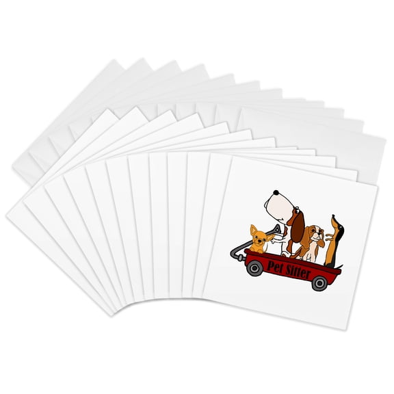 3drose, Funny Pet Sitter Chihuahua, Basset, Cavalier, Dachshund Dogs in Wagon, 12 Greeting Cards with Envelopes