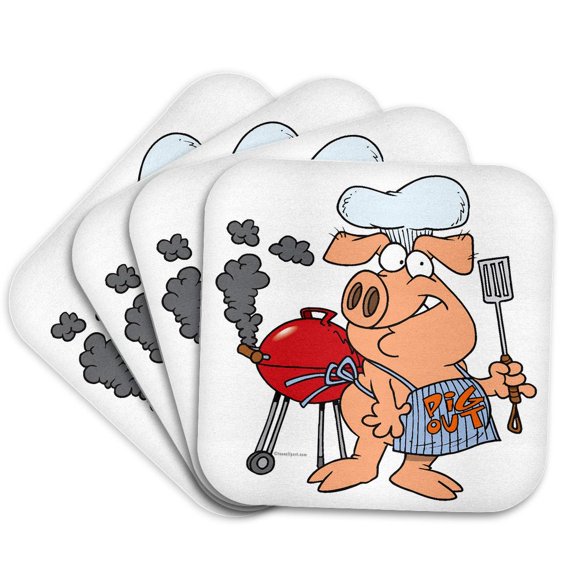 3drose, Funny Pig Out Bbq Barbecue Piggy Pig, Set of 4 Coasters - Soft
