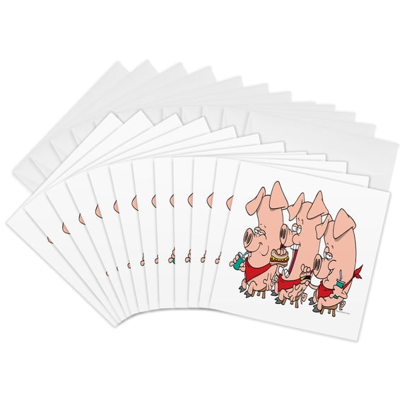 3drose, Funny Pig Out Party Piggy Cartoon, 12 Greeting Cards with Envelopes