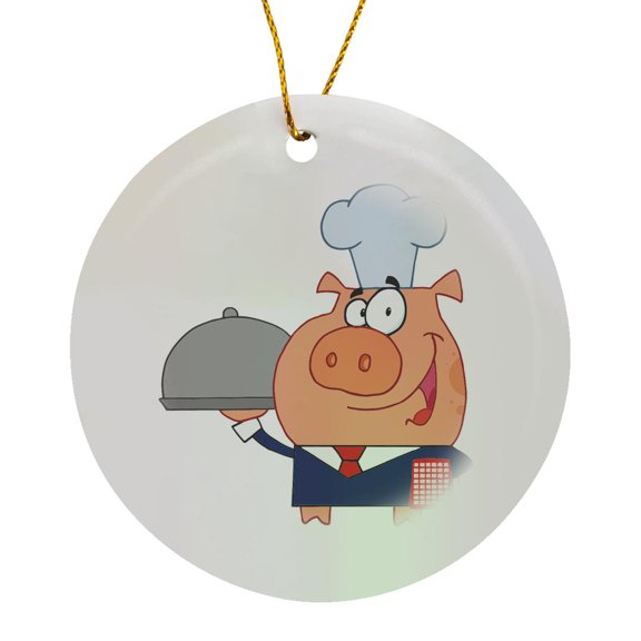 3drose, Funny Piggy Pig Waiter Wearing Chefs Hat, Circle Porcelain Ornament
