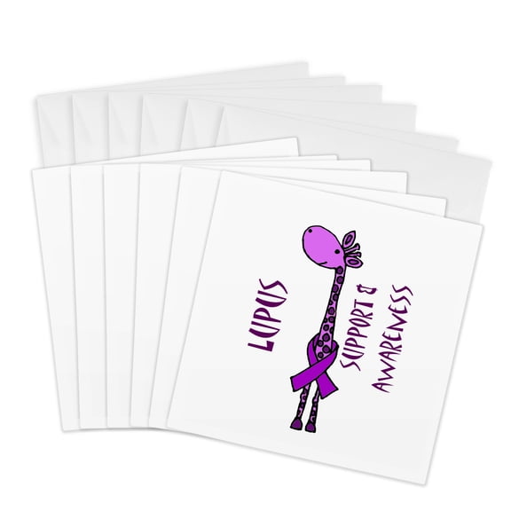 3drose, Funny Purple Giraffe Support for Lupus Awareness, 6 Greeting Cards with Envelopes