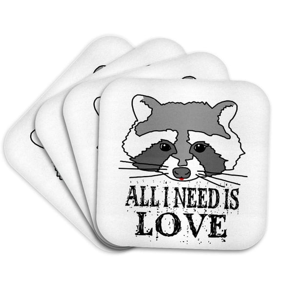 3drose, Funny Raccoon Face. All I Need Is Love on White Background, Set of 4 Coasters - Soft
