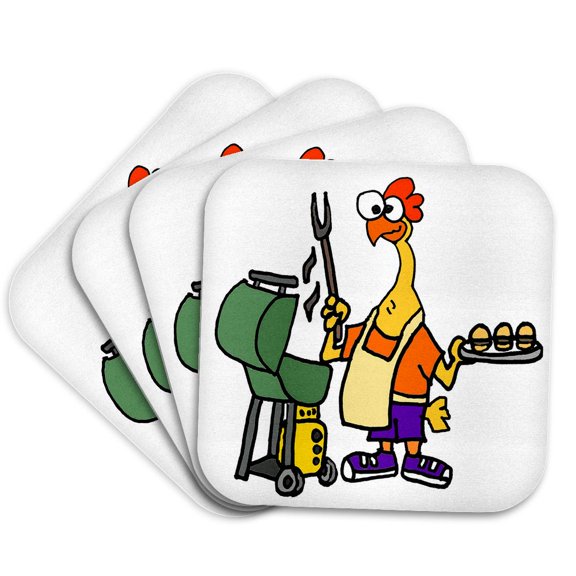 3drose, Funny Rubber Chicken Grilling Hamburgers Cartoon, Set of 4 Coasters - Soft