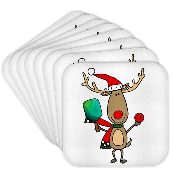 3drose, Funny Rudolph Reindeer Playing Pickleball Sports Christmas Cartoon, Set of 8 Coasters - Cork
