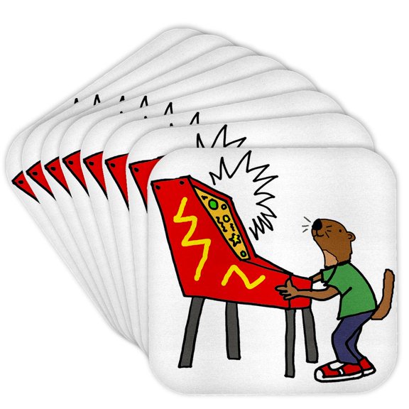3drose, Funny Sea Otter Playing Pinball Game Cartoon, Set of 8 Coasters - Soft