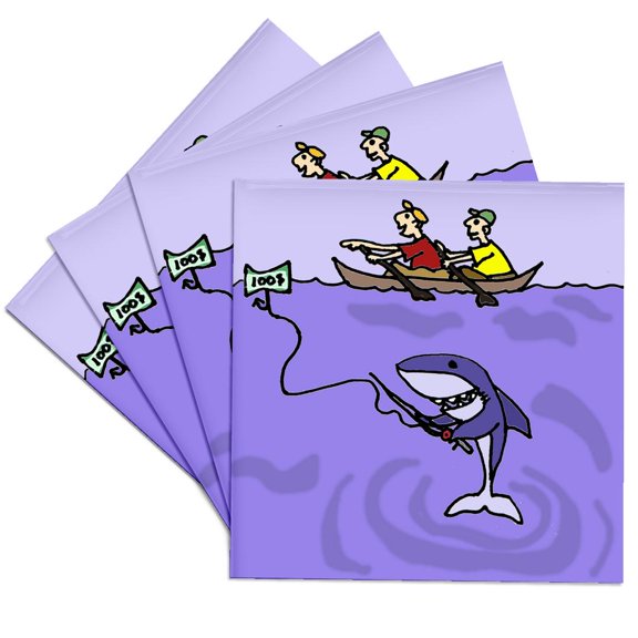 3drose, Funny Shark Fishing for Humans Cartoon, Set of 4 Ceramic Tile Coasters