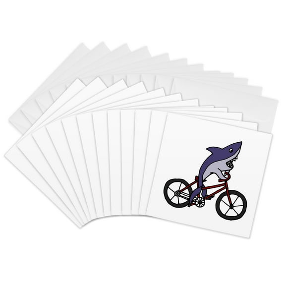 3drose, Funny Shark Riding Bicycle, 12 Greeting Cards with Envelopes