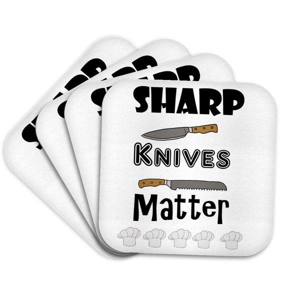 3drose, Funny Sharp Knives Matter Cooking Pun Cartoon, Set of 4 Coasters - Soft