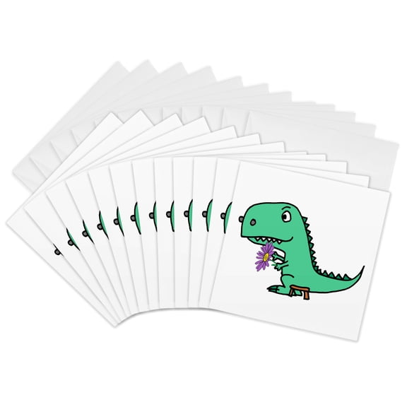 3drose, Funny Silly Green T-rex Dinosaur with Purple Daisy Flower Cartoon, 12 Greeting Cards with Envelopes