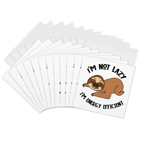 3drose, Funny Sleeping Sloth Im Not Lazy Im Energy Efficient Cartoon, 12 Greeting Cards with Envelopes