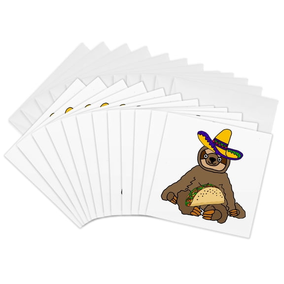 3drose, Funny Sloth Eating Taco Cartoon, 12 Greeting Cards with Envelopes
